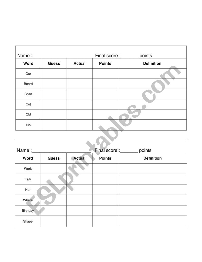 Dictionary Game worksheet