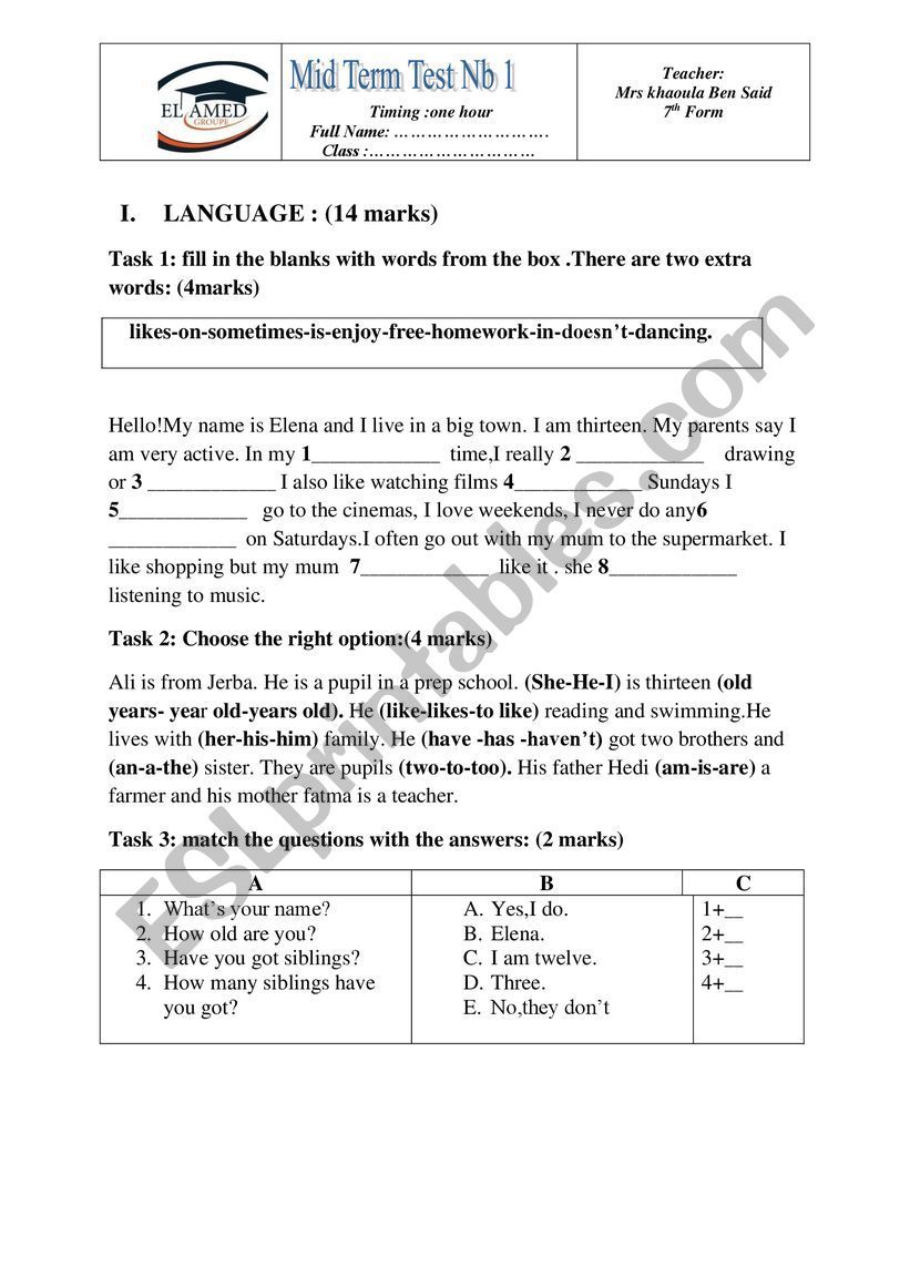 mid term test 1 7th form worksheet