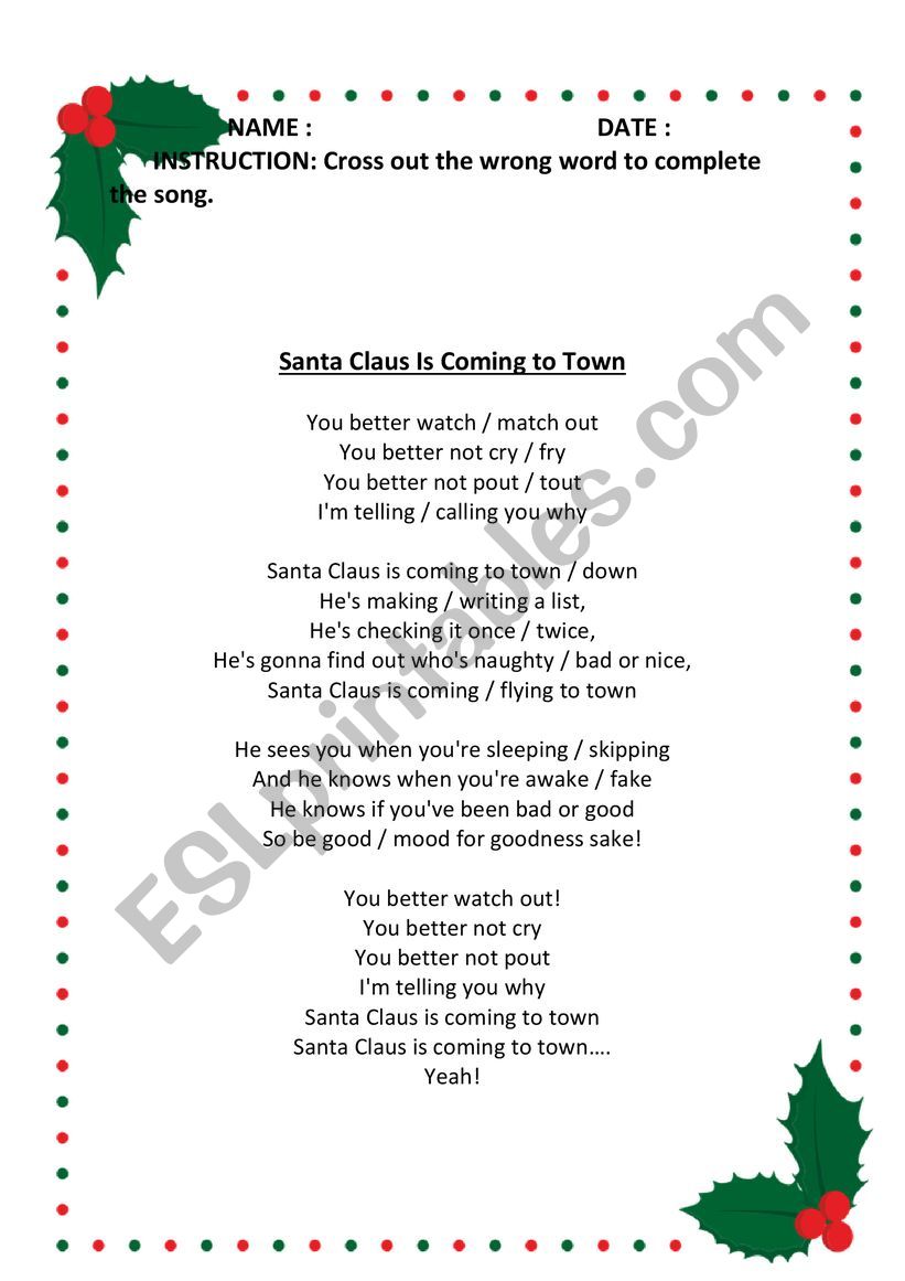Santa Is Coming To Town Song worksheet