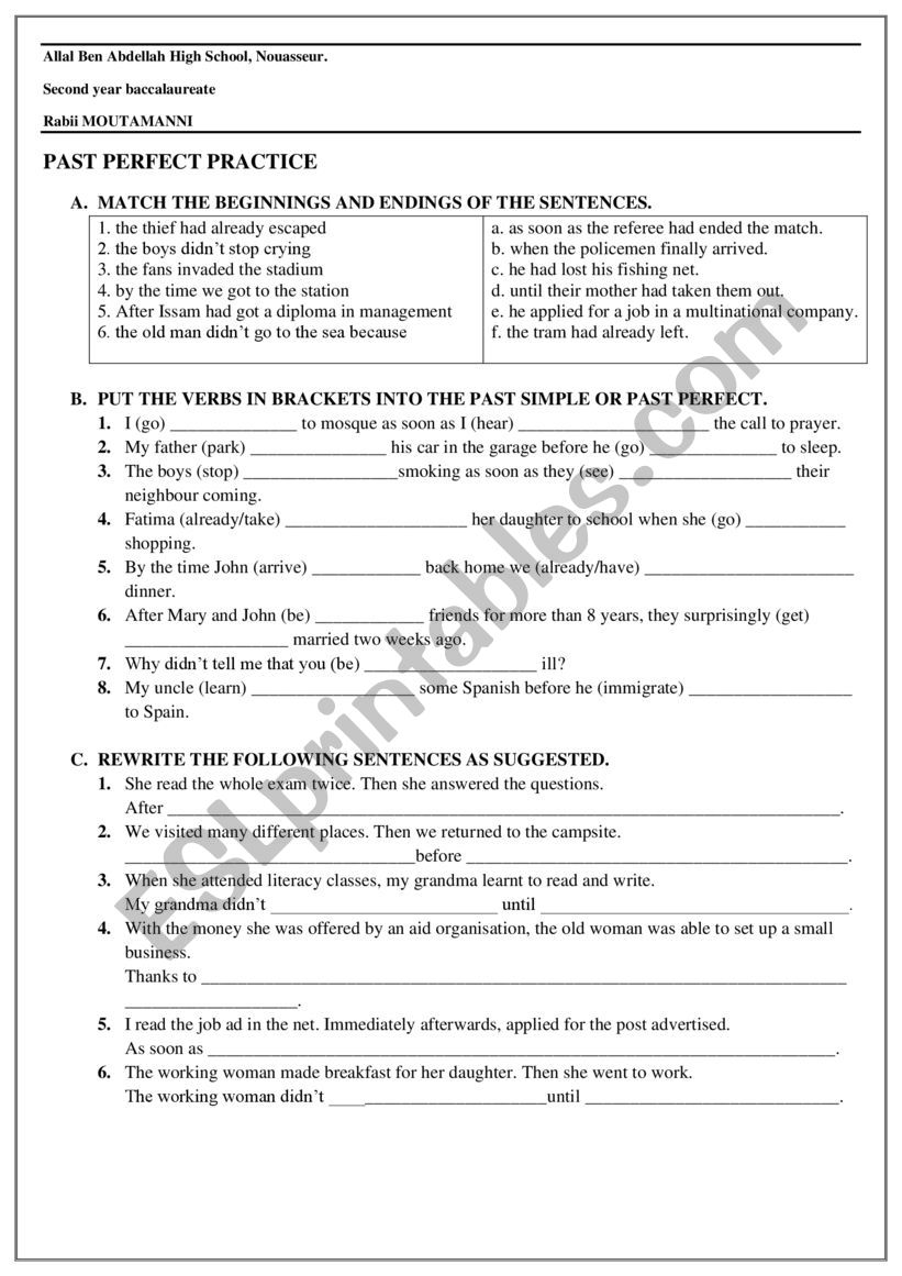 PAST PEREFECT EXERCISES  worksheet