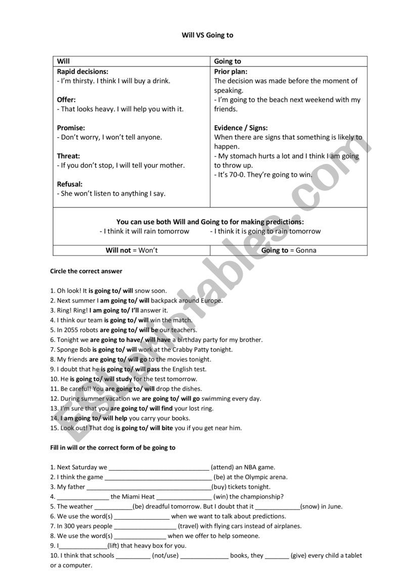 Will vs Going to  worksheet