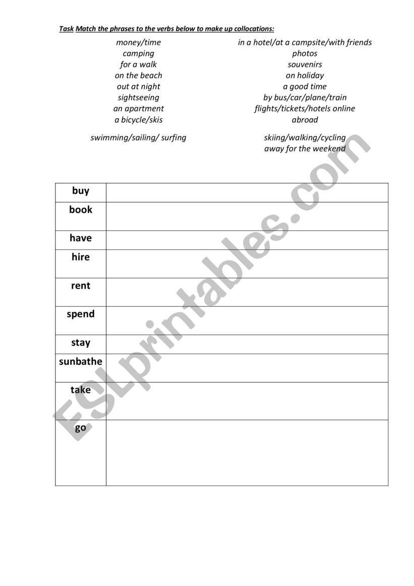 Holiday Collocations worksheet