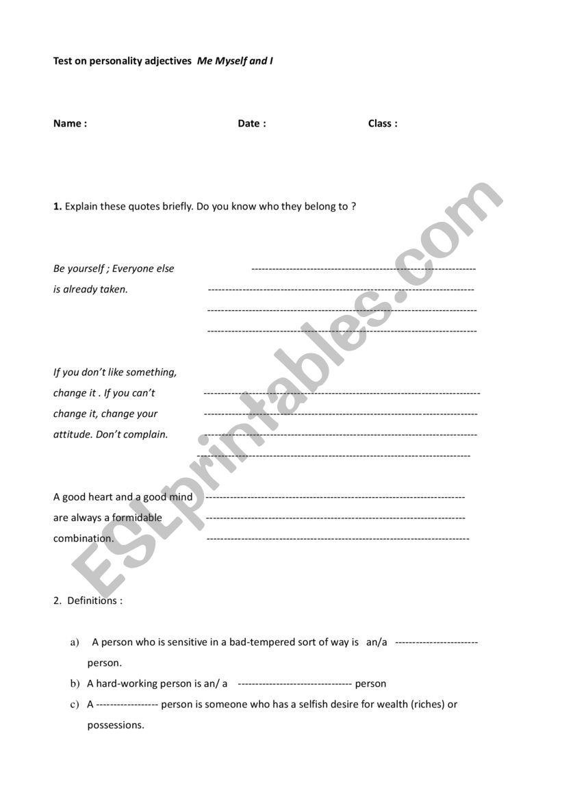 Test on personality worksheet