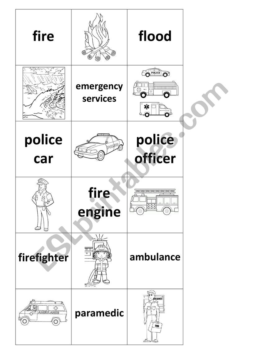 EMERGENCY SERVICES VOCABULARY MEMORY GAME