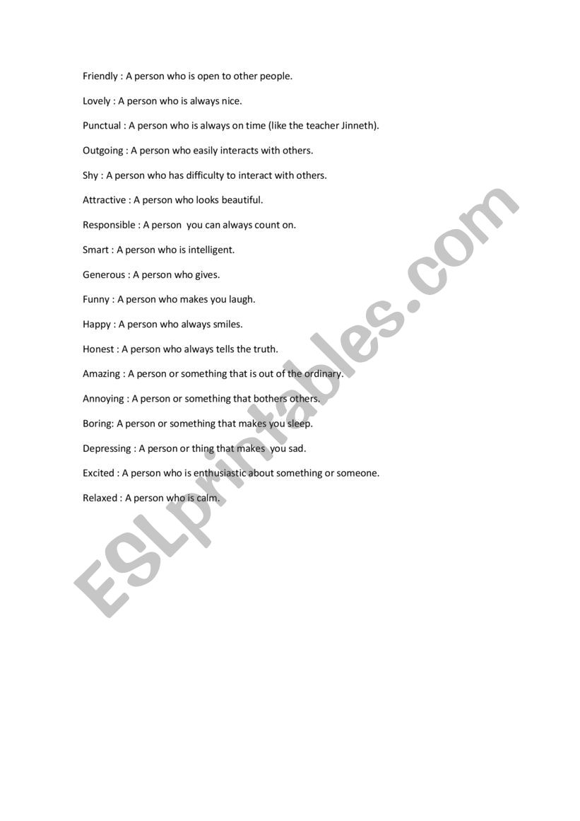 Adjectives definitions worksheet