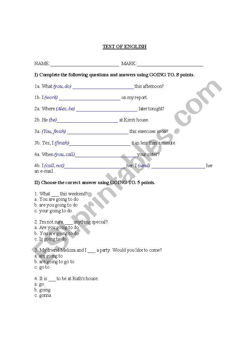 Will and going to worksheet