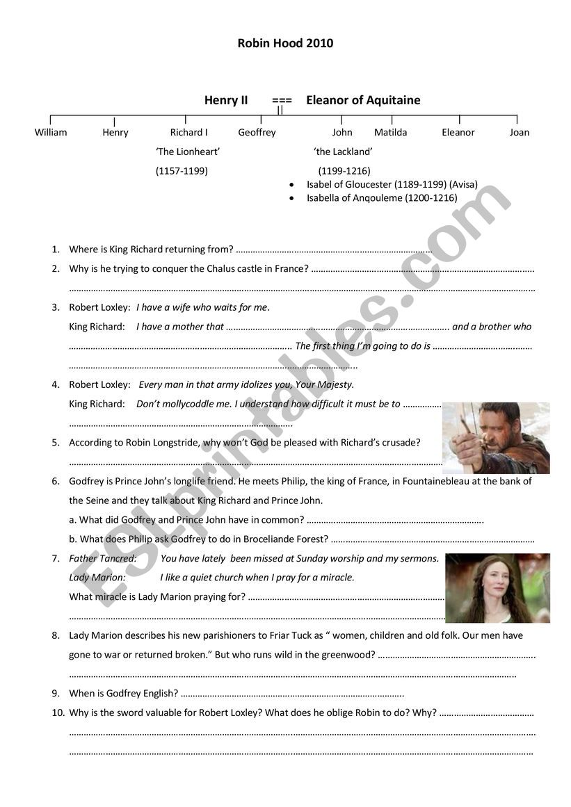 Robin Hood 2010 film worksheet