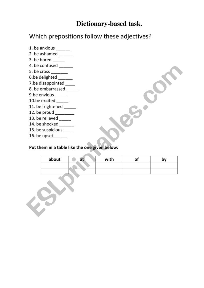 Prepositions with Adjective worksheet