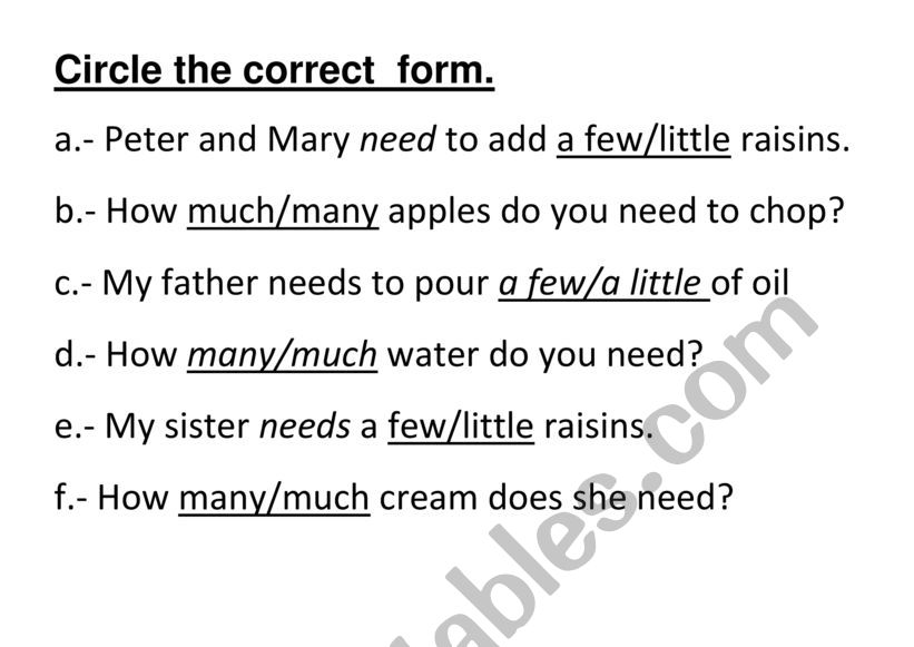 A FEW, LITTLE, MUCH, MANY worksheet