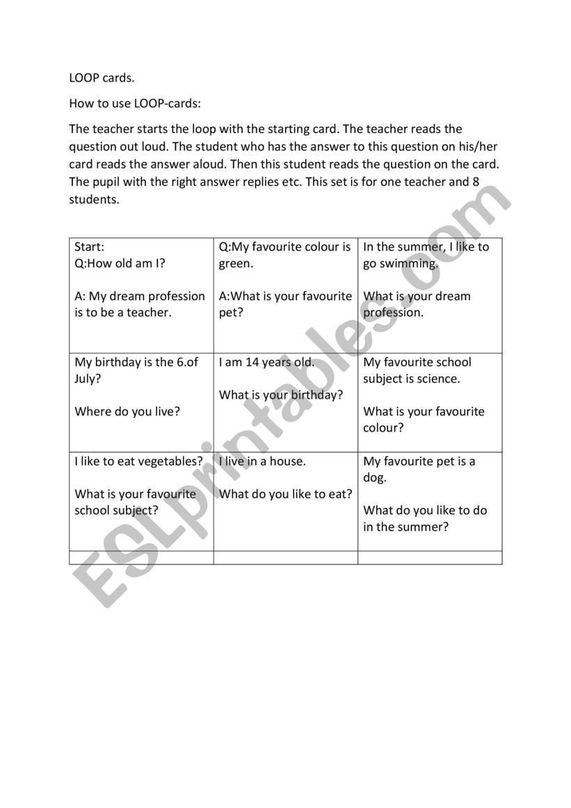 Talk about myself. LOOP-cards worksheet