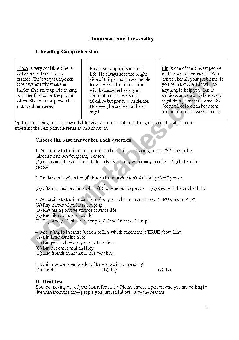 Roommate and Personality worksheet
