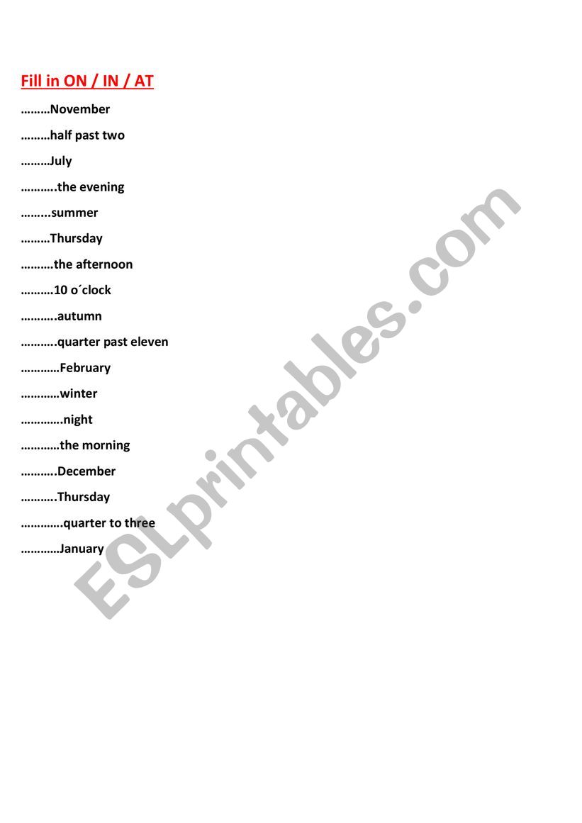 Prepositions In, On, At  worksheet