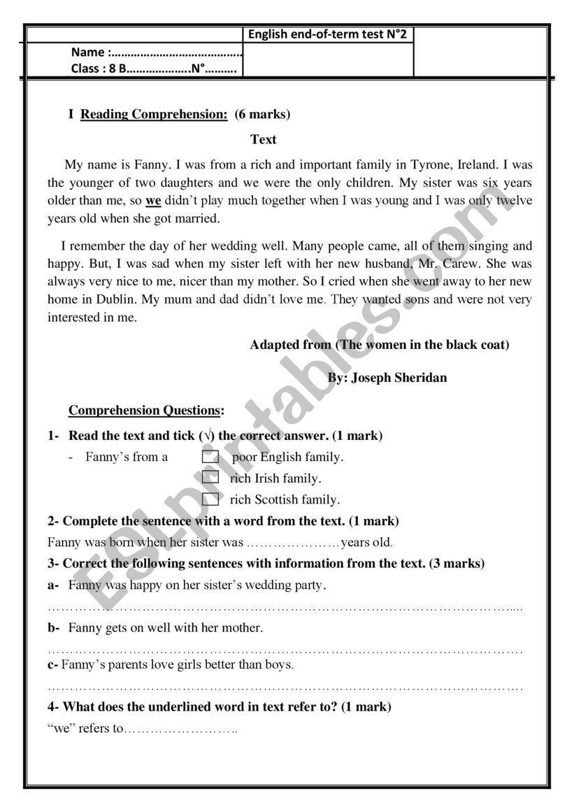 8th form Comprehensive test N° 3 - ESL worksheet by mahdoush