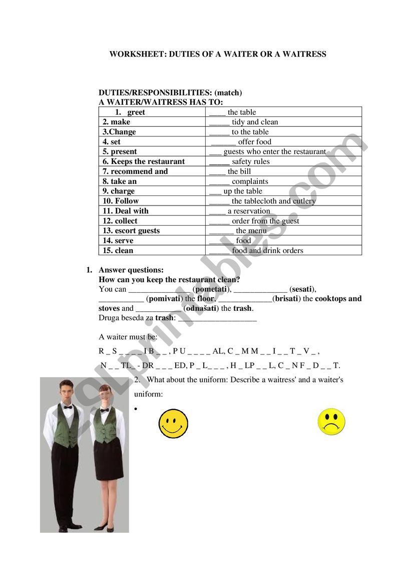 Waiter�s duties worksheet