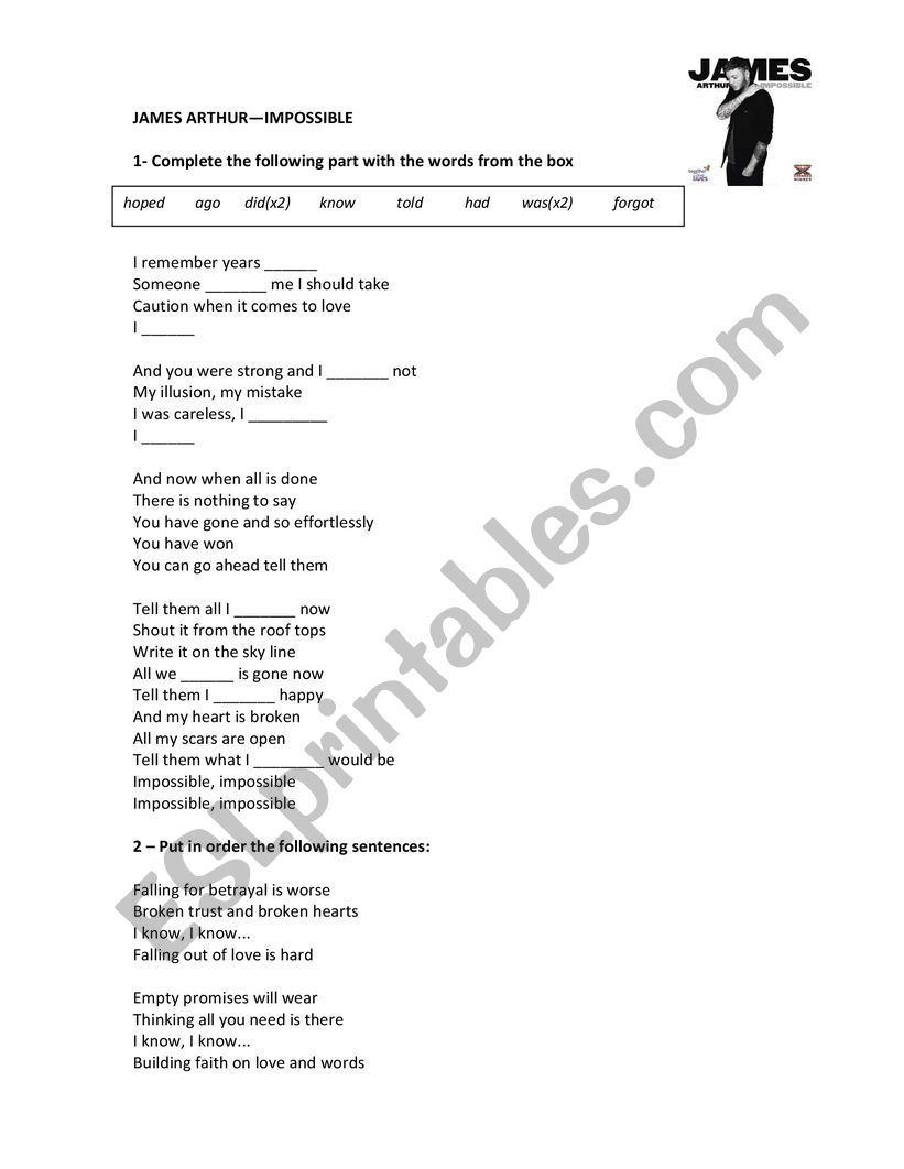 JAMES ARTHUR SONG IMPOSSIBLE WORKSHEET