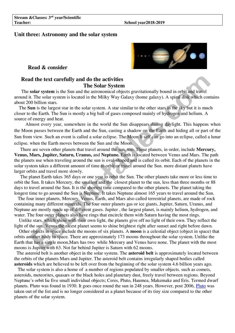 the solar system unit three worksheet