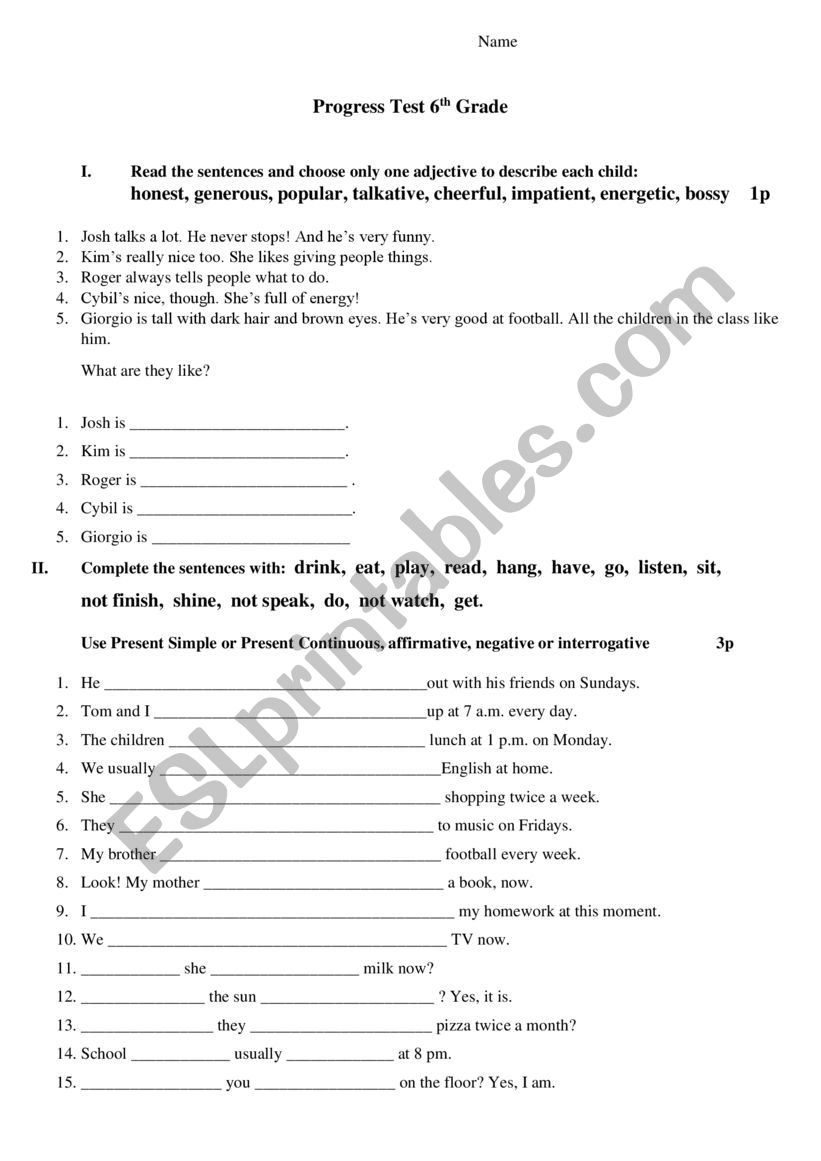 progress test worksheet