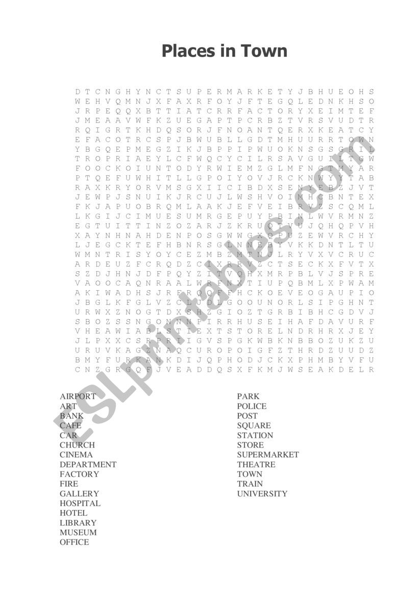 Places in Town Wordsearch worksheet