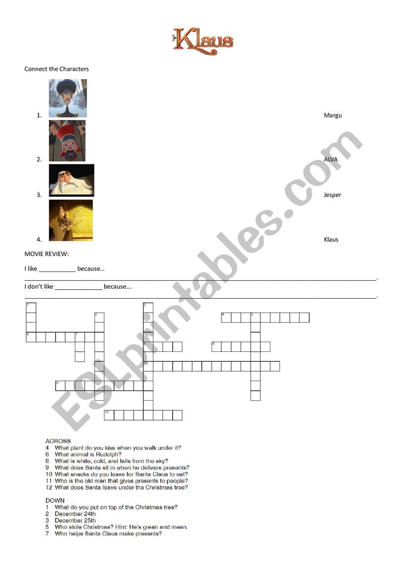 Klaus Movie Worksheet worksheet