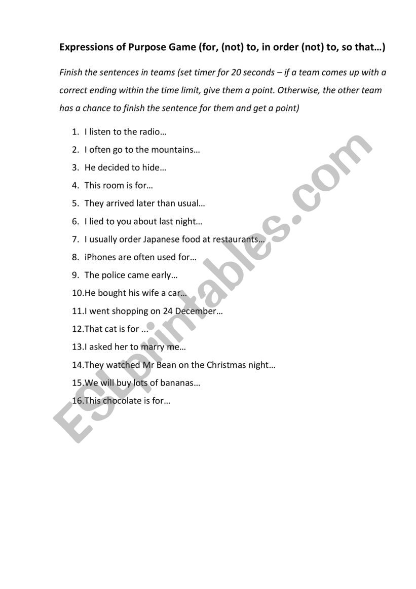 Expressions of Purpose Game worksheet