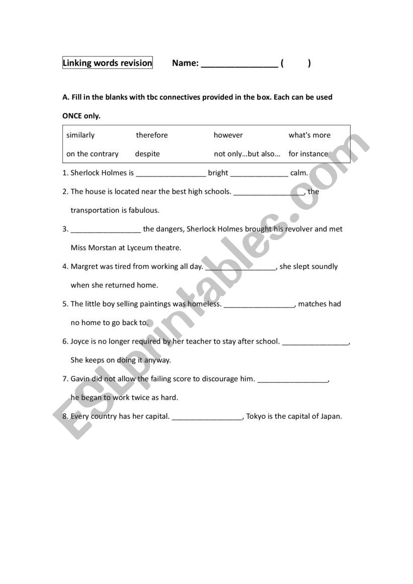 Linking words exercise worksheet