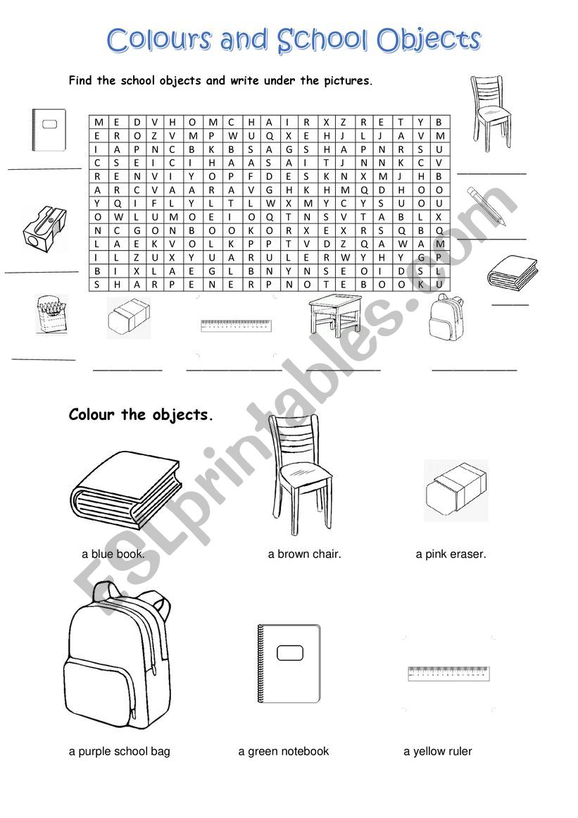 colours and classroom objects worksheet