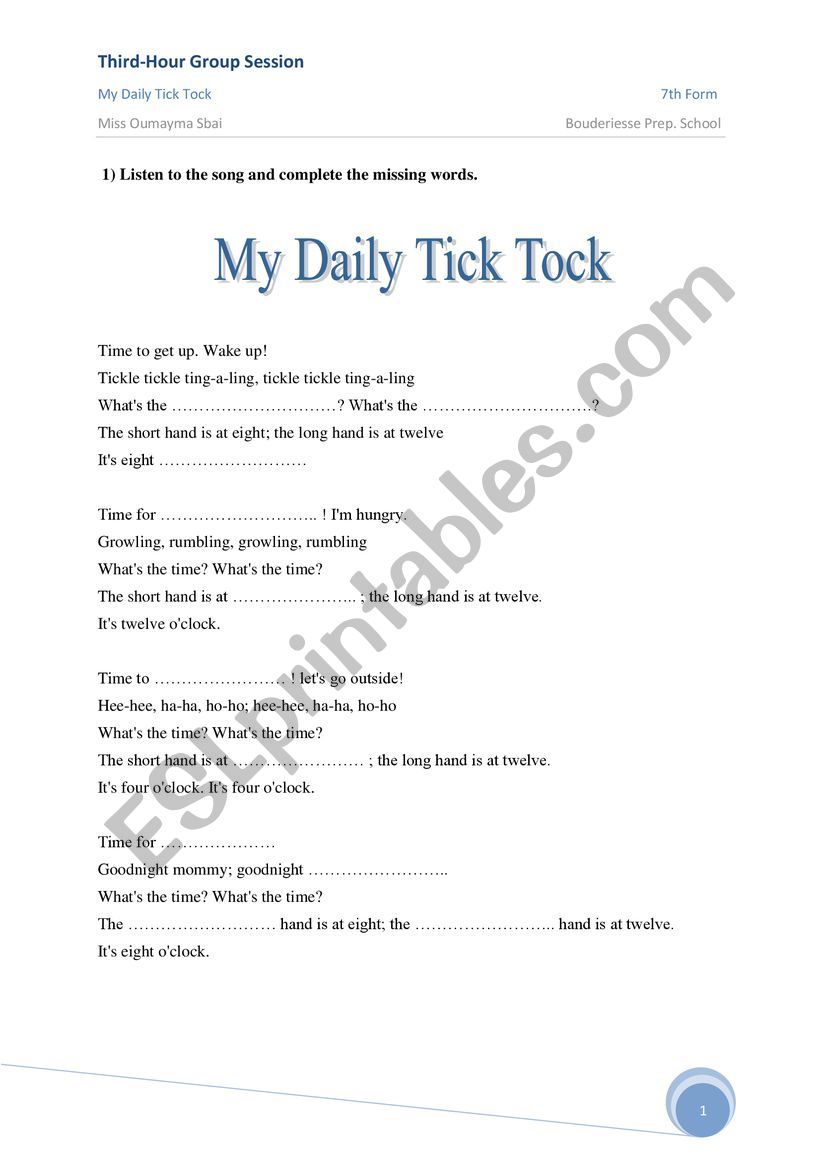 My Daily Tick Tock worksheet