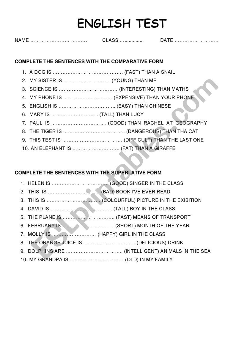 COMPARATIVES AND SUPERLATIVES worksheet