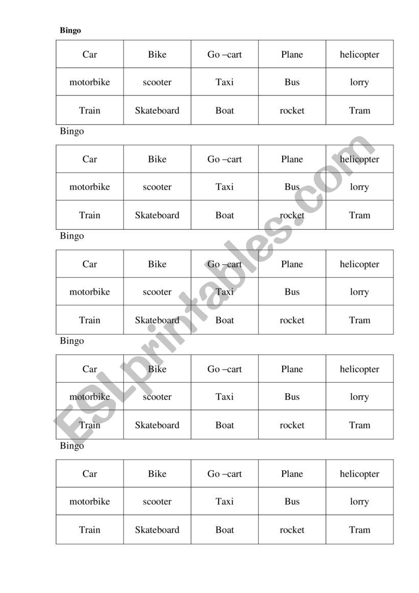 Transport Game Bingo worksheet