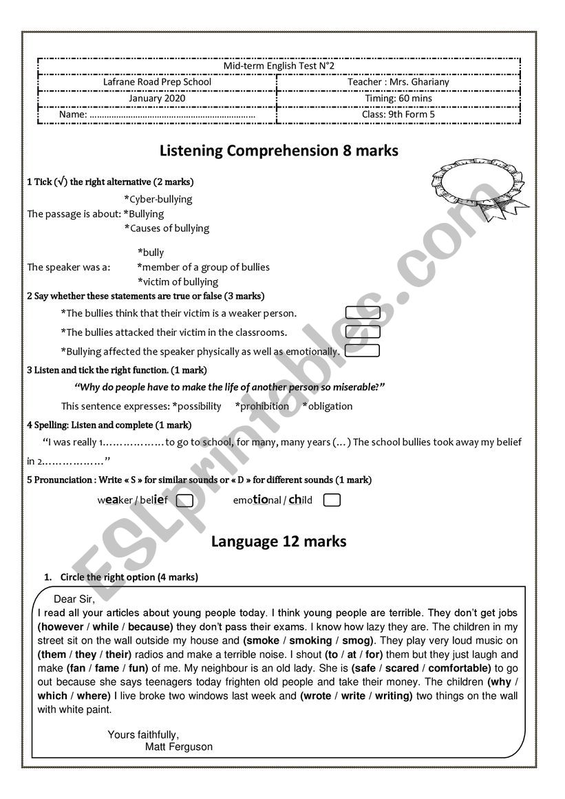 Mid-term test worksheet