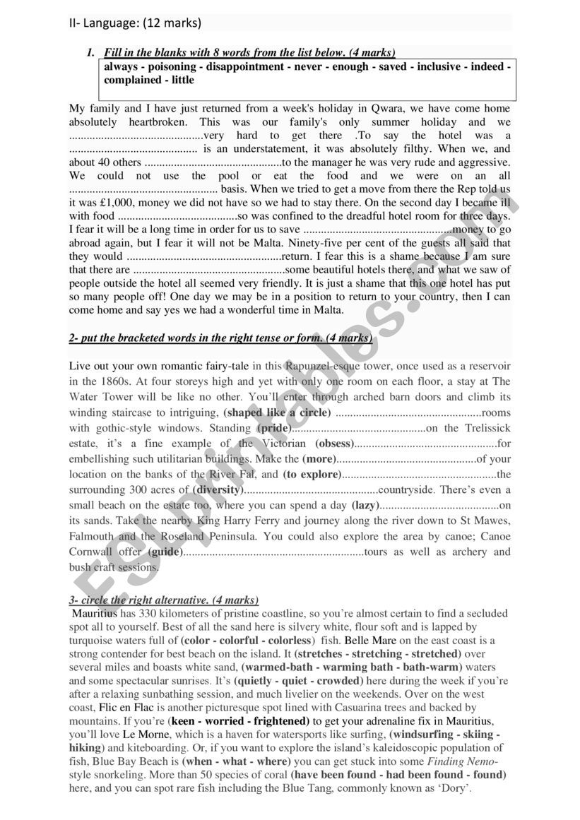 Mid-term exam for 3rd form - ESL worksheet by samehri