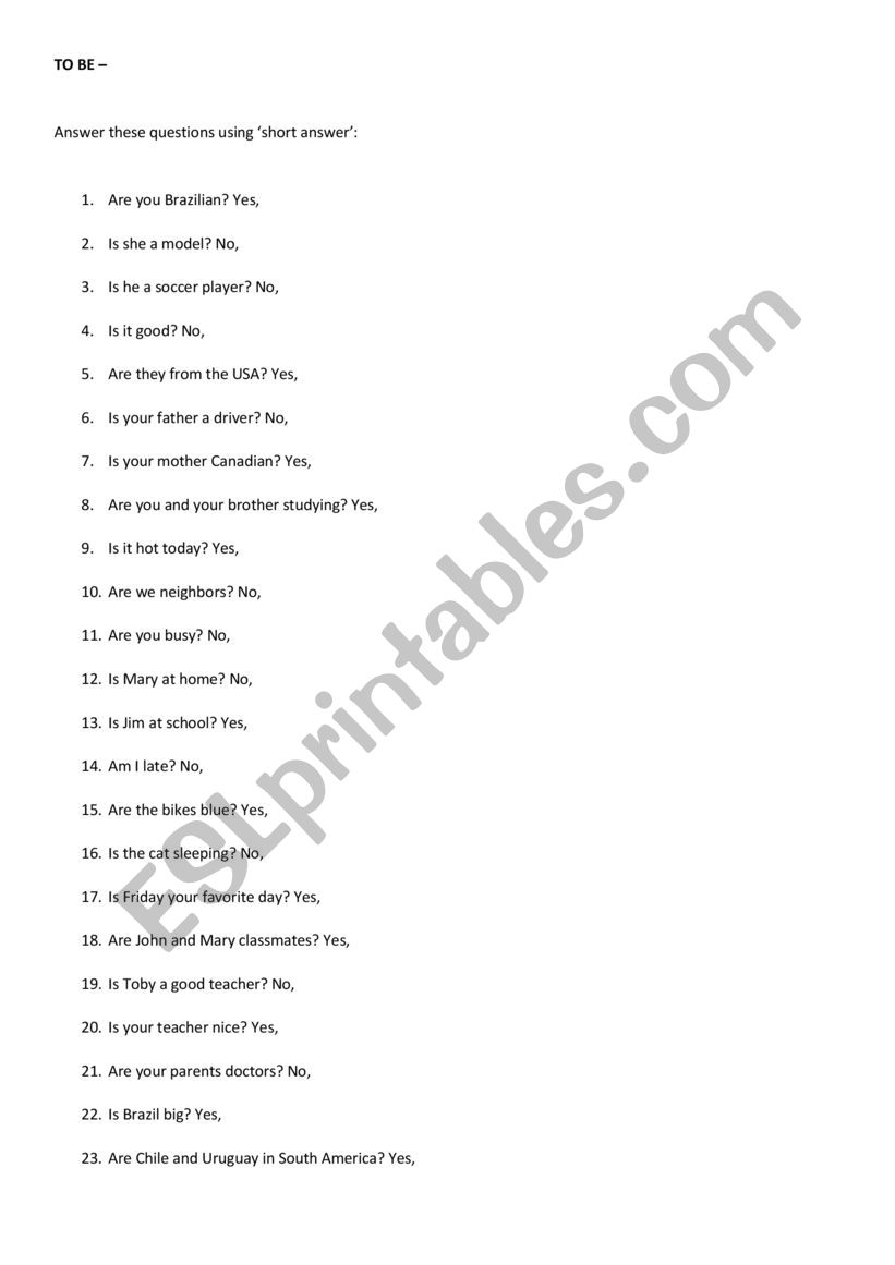 to be short answer worksheet