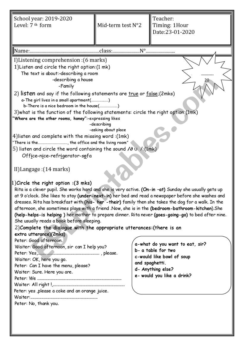 Mid Term test N2  2020 worksheet