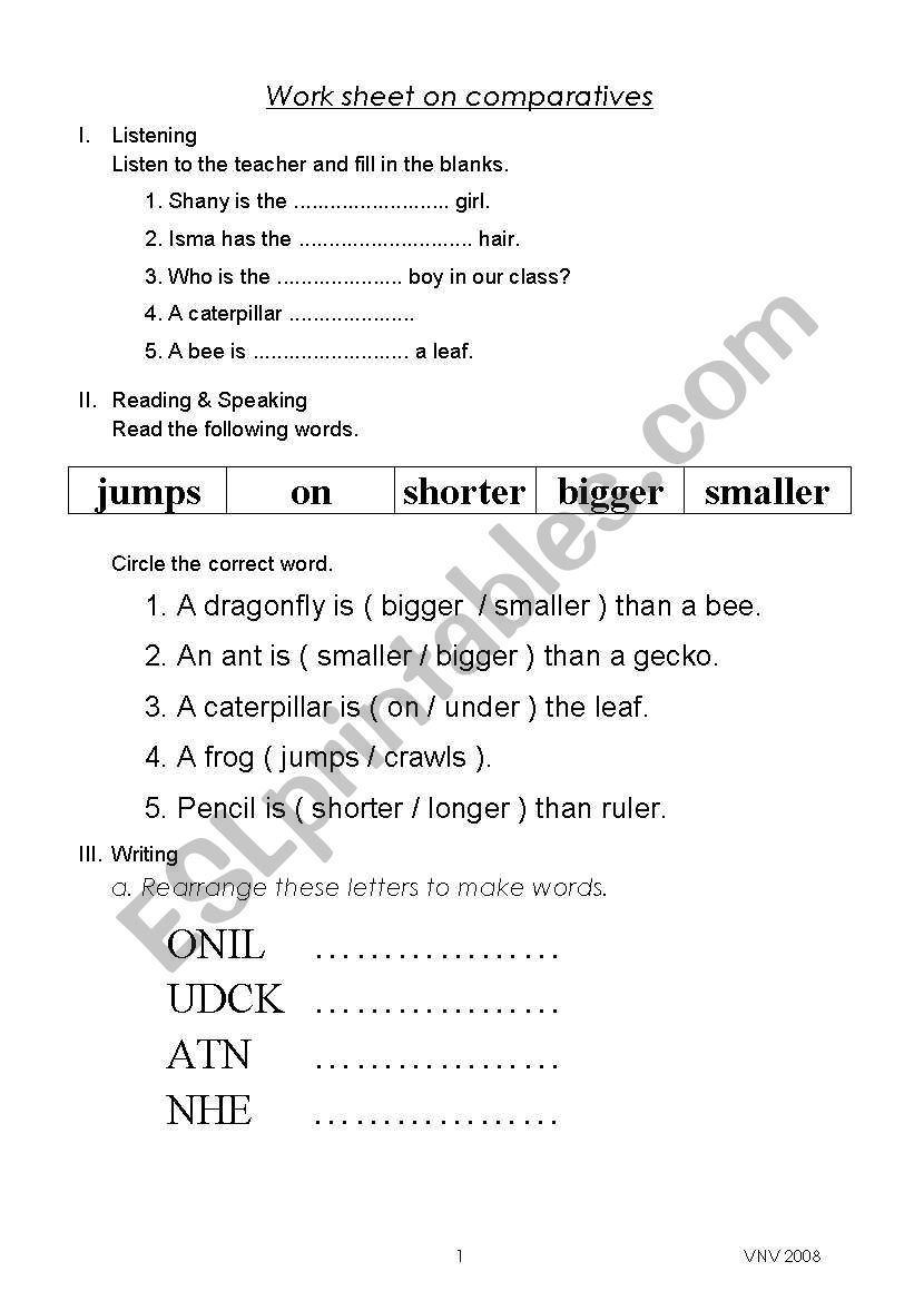 Worksheet on Comparatives Page 1