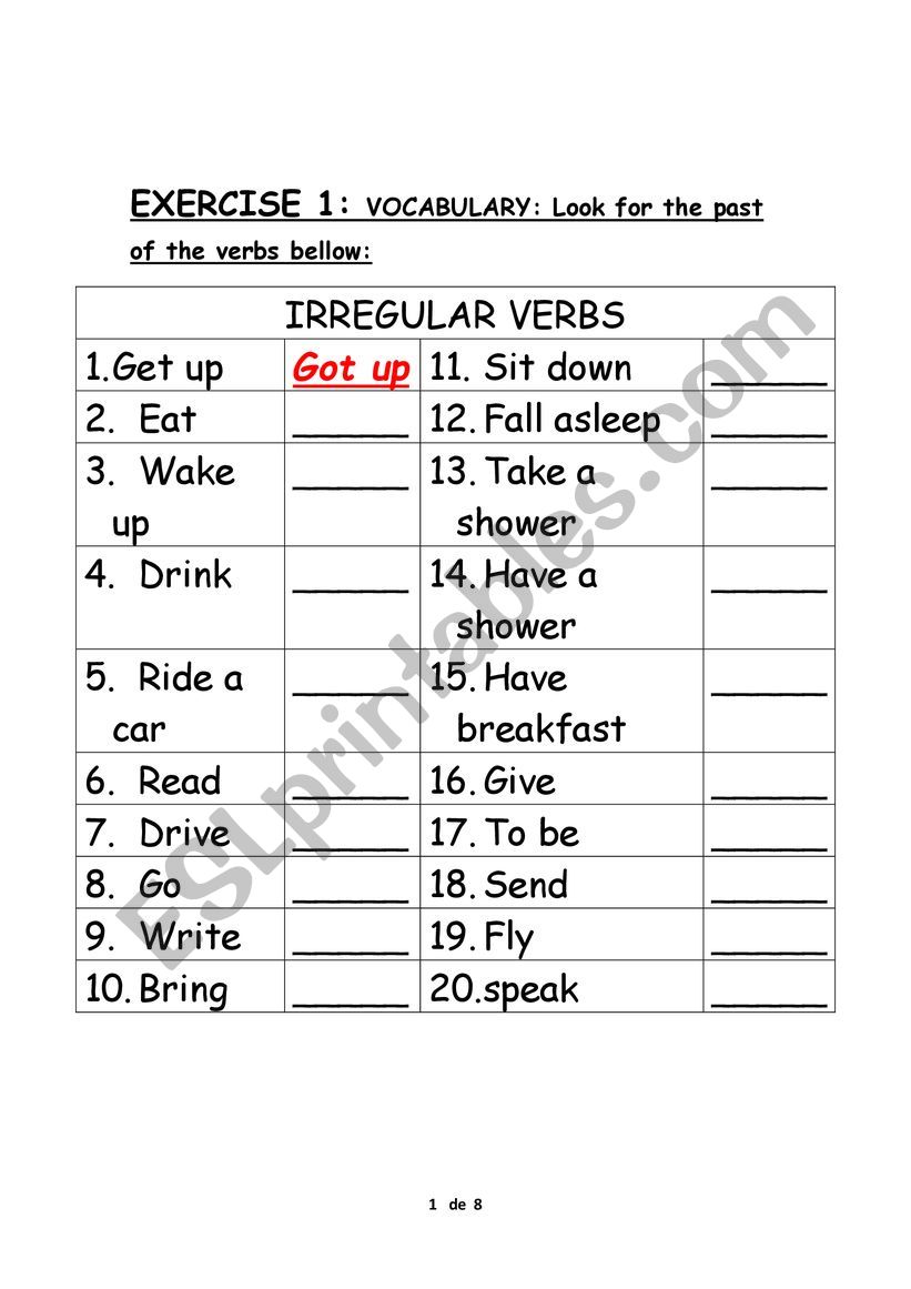 irregular verbs worksheet 1 worksheet