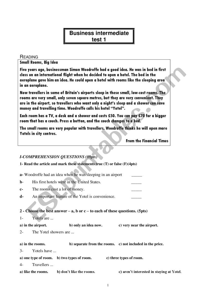 business intermediate test worksheet