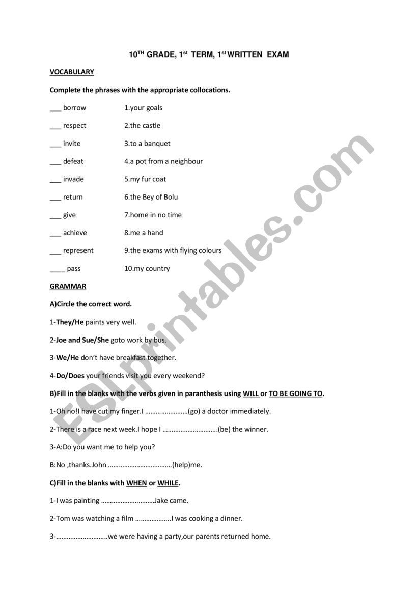 10th Grades 1st Written Exam worksheet