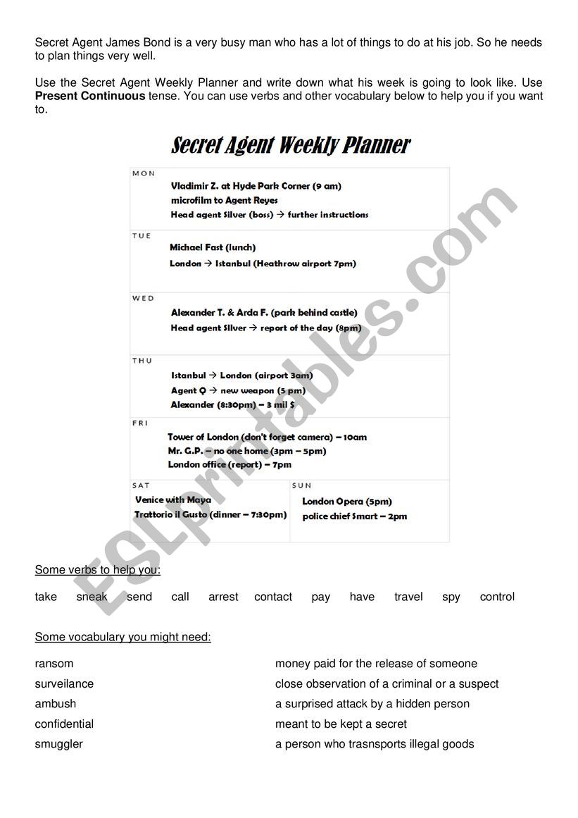 Secret Agent Weekly Plan worksheet