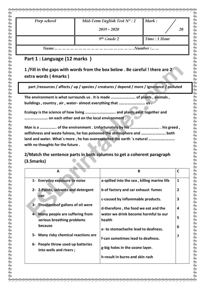 mid term test 2 9th form worksheet