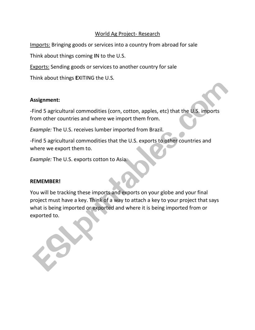 World Agriculture Project worksheet