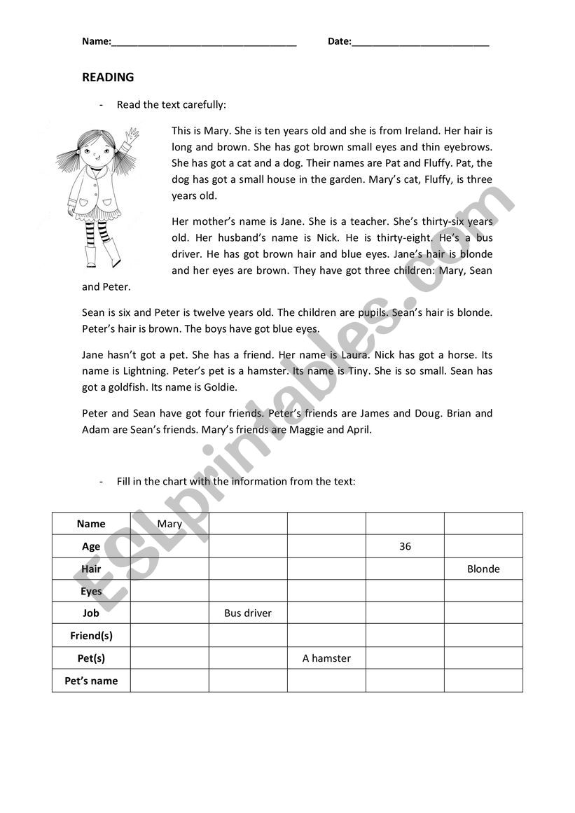 Marys Family worksheet