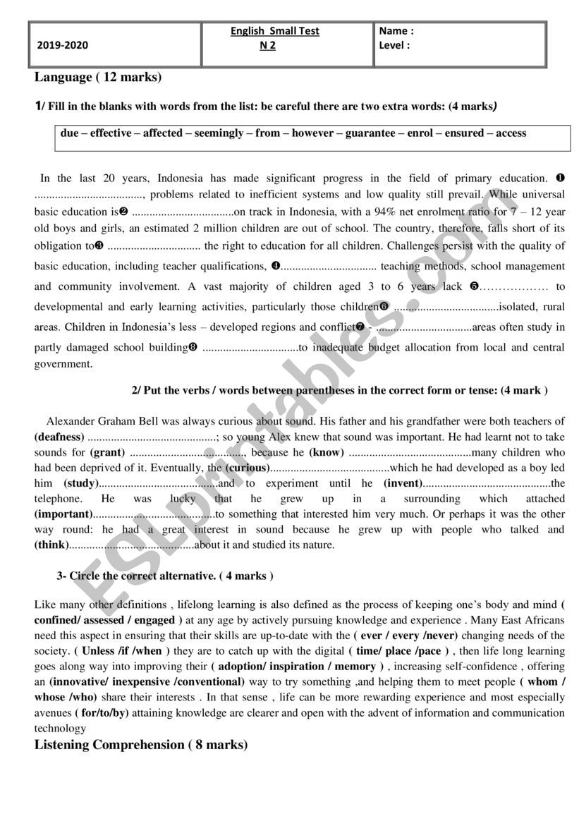 English small test N2 worksheet