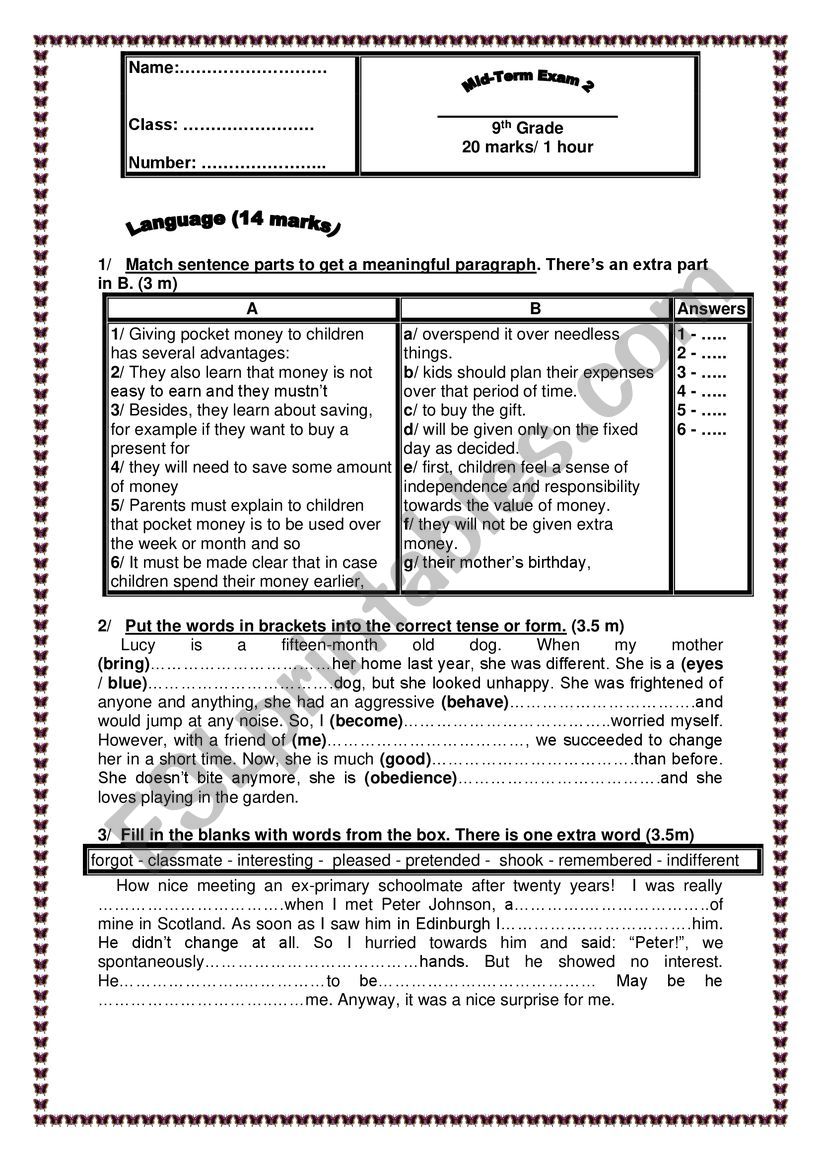 MIDTERM Test 9th grade worksheet