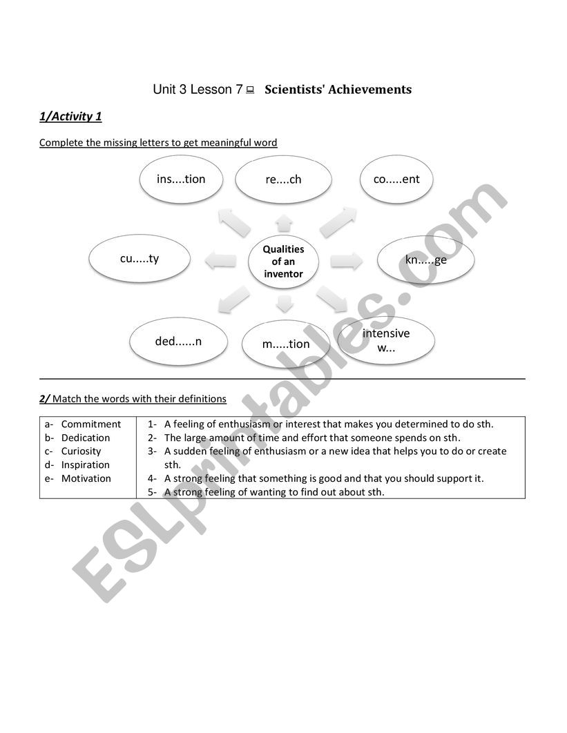 Scientists� Achievements worksheet