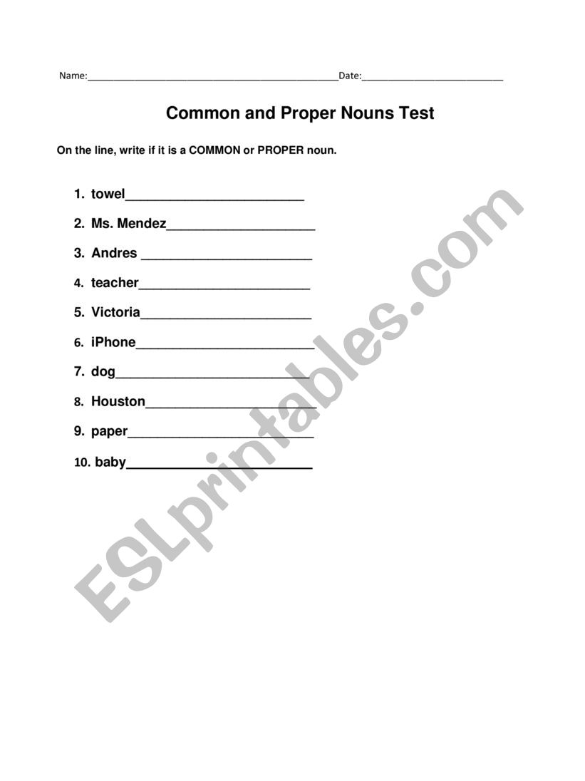 Common and Proper Noun Quiz worksheet