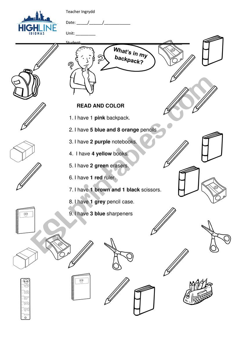 what�s in my backpack? worksheet