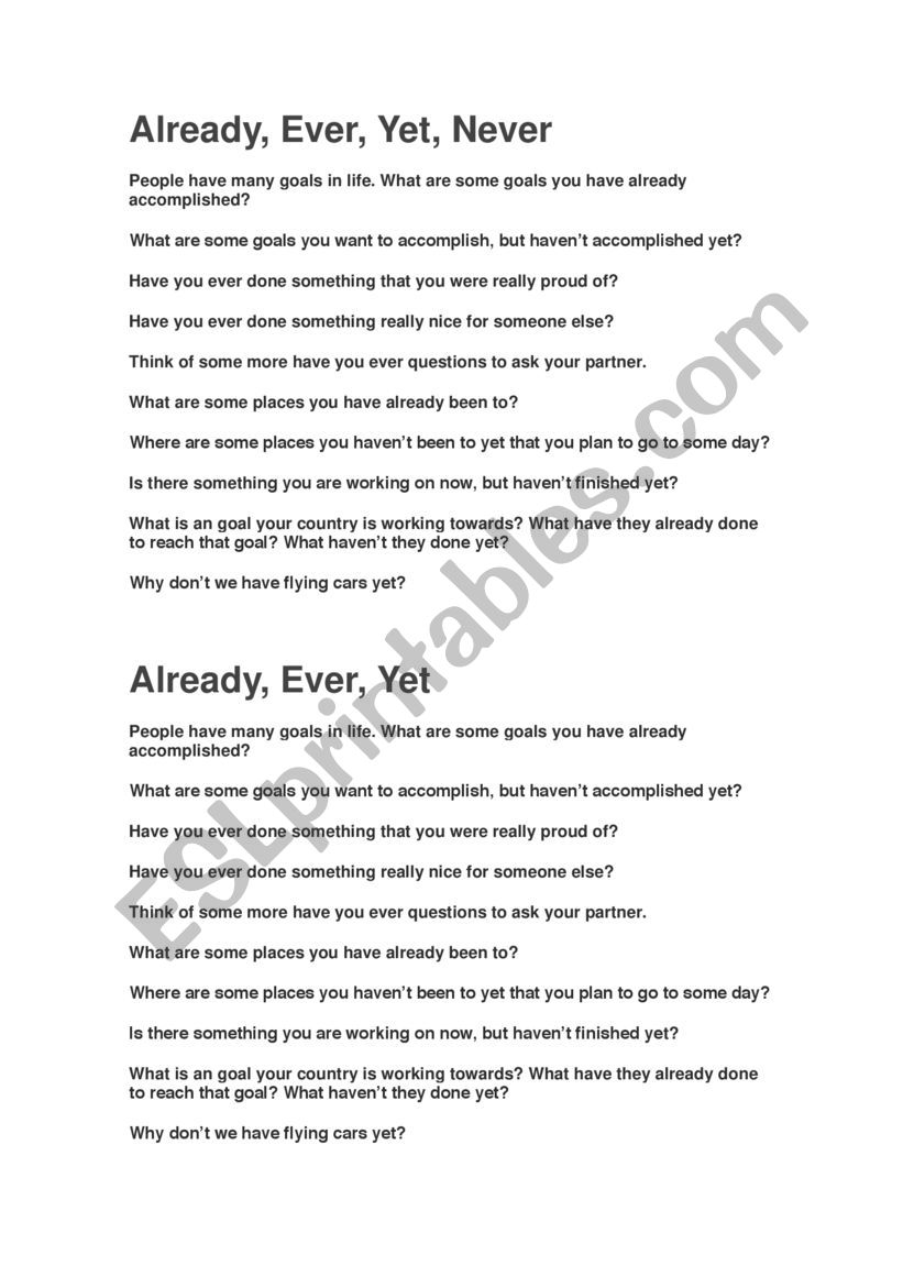 Already, Yet conversation worksheet