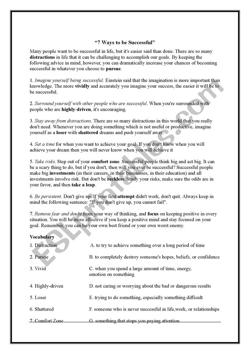 7 Ways to be Successful worksheet