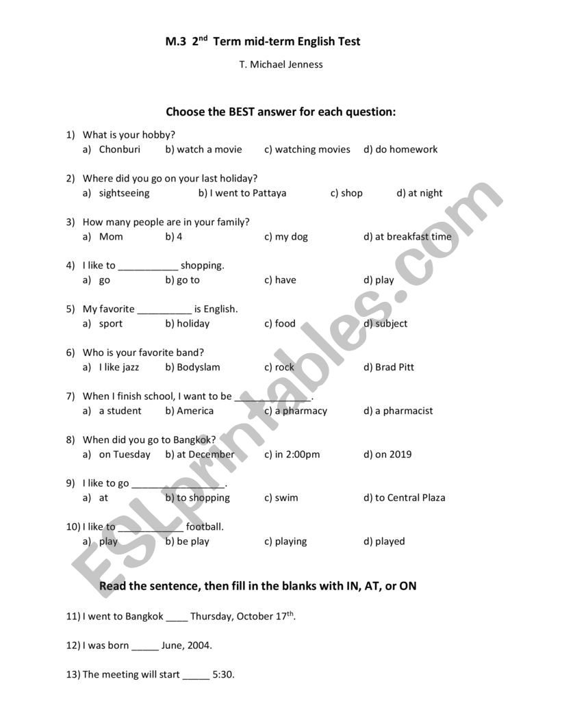 Exam practice for M. 3  worksheet