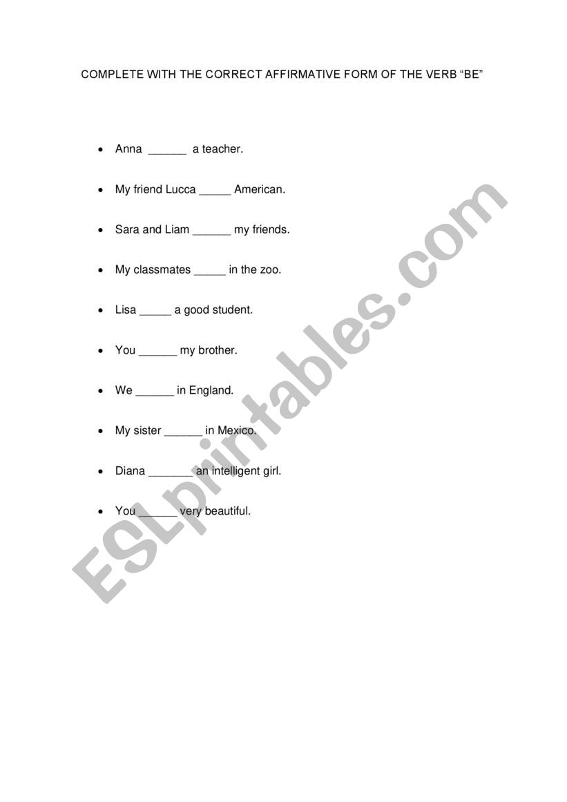 VERB TO BE worksheet